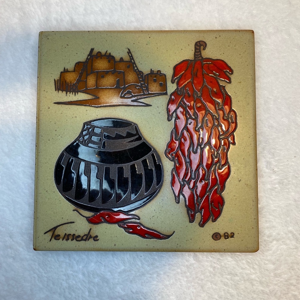 Terrisede Ceramic Art Tile with Red and Black Design